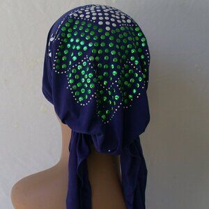 BLUE Pre-Tied Stud Chemo Cap Slip On Bonnet Hijab Undercap #3